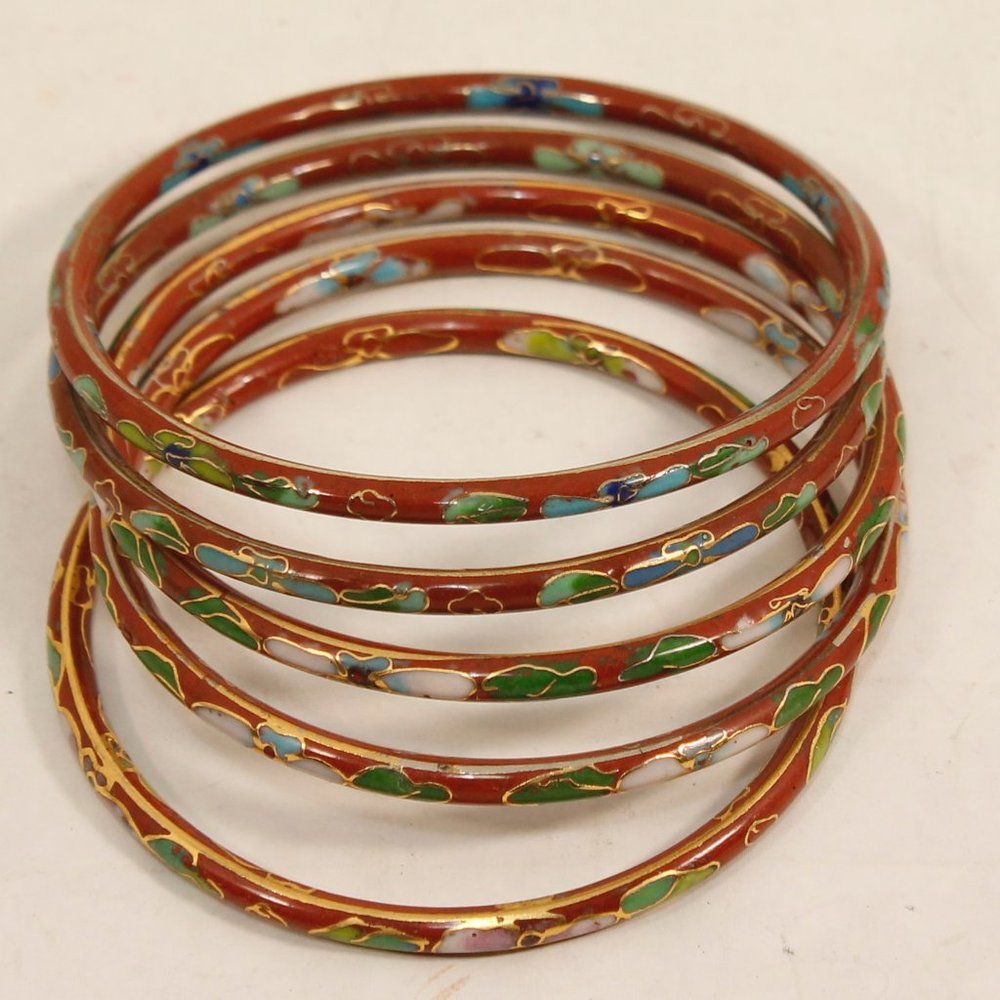 Vintage Set of 5 Cloisonné Enamel Bangle Bracelets | Multicolored Floral Motif